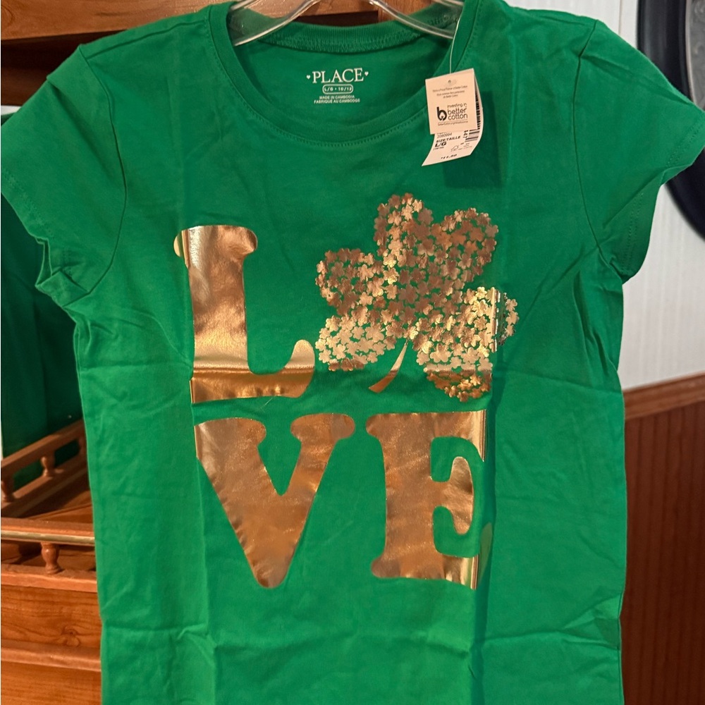 Girls’ Green Tee with Gold Love and Clover Graphic perfect for St. Patrick’s Day